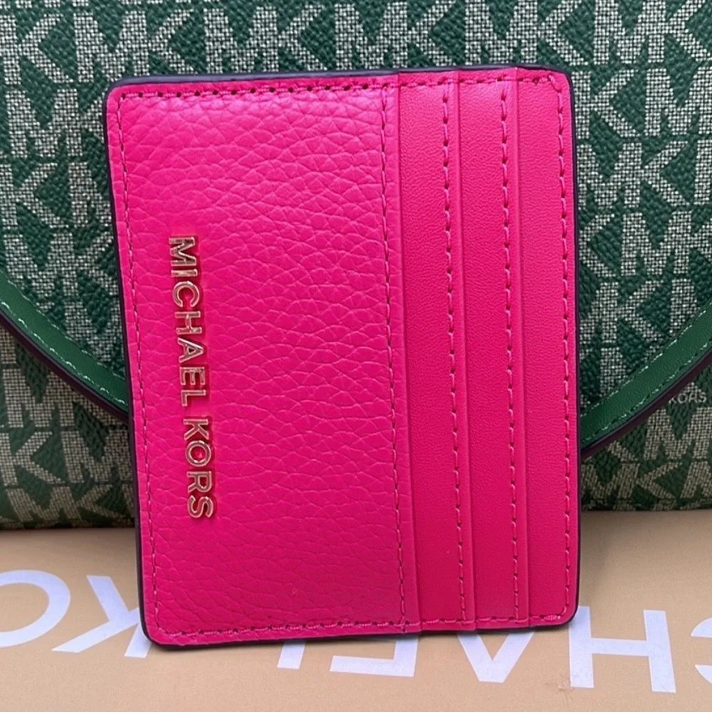 MICHAEL KORS Large Pebbled Leather Card Holder Case Electric Pink  NWT